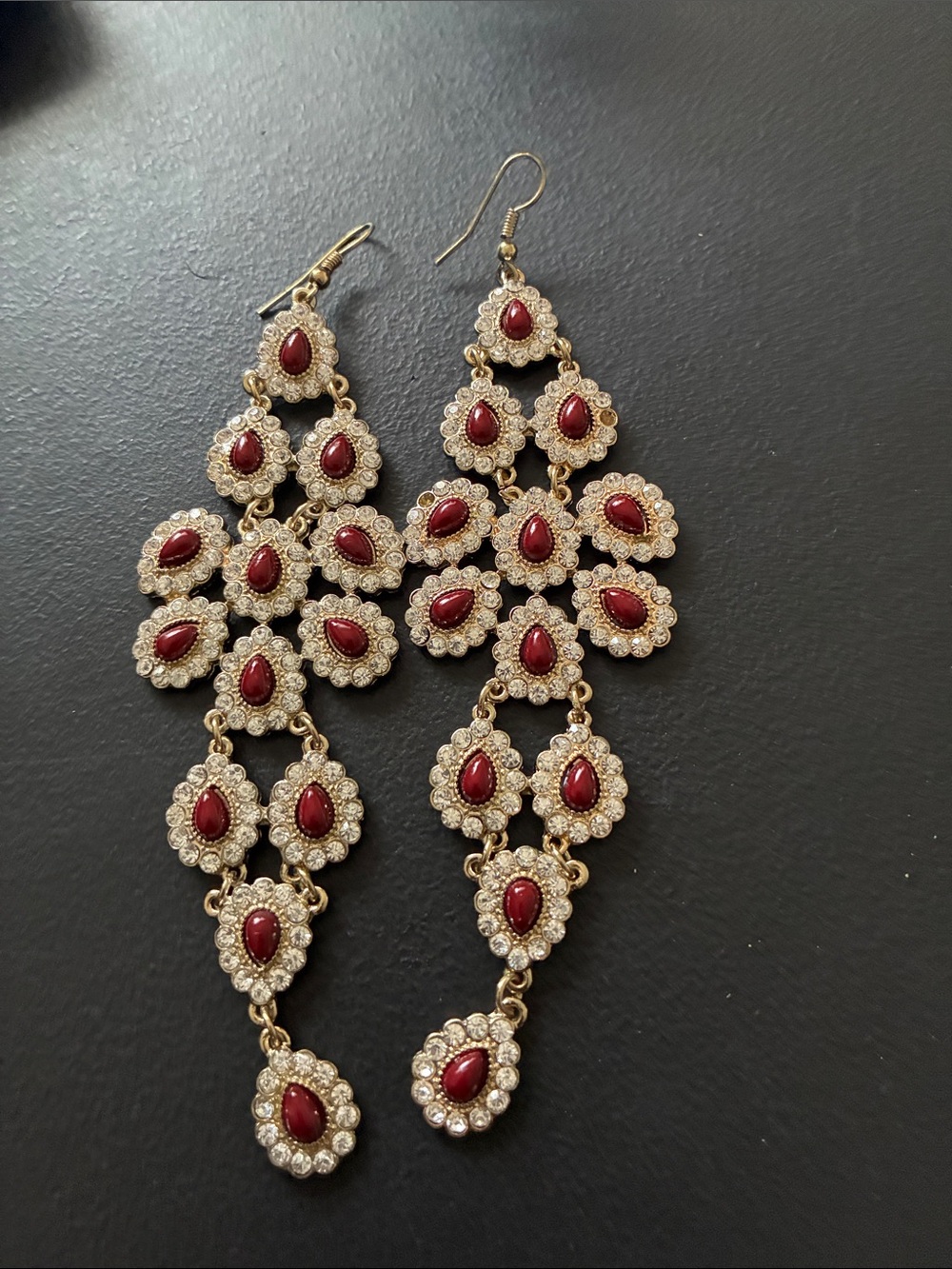 Gold-Tone Red Teardrop Chandelier Earrings - Unbranded